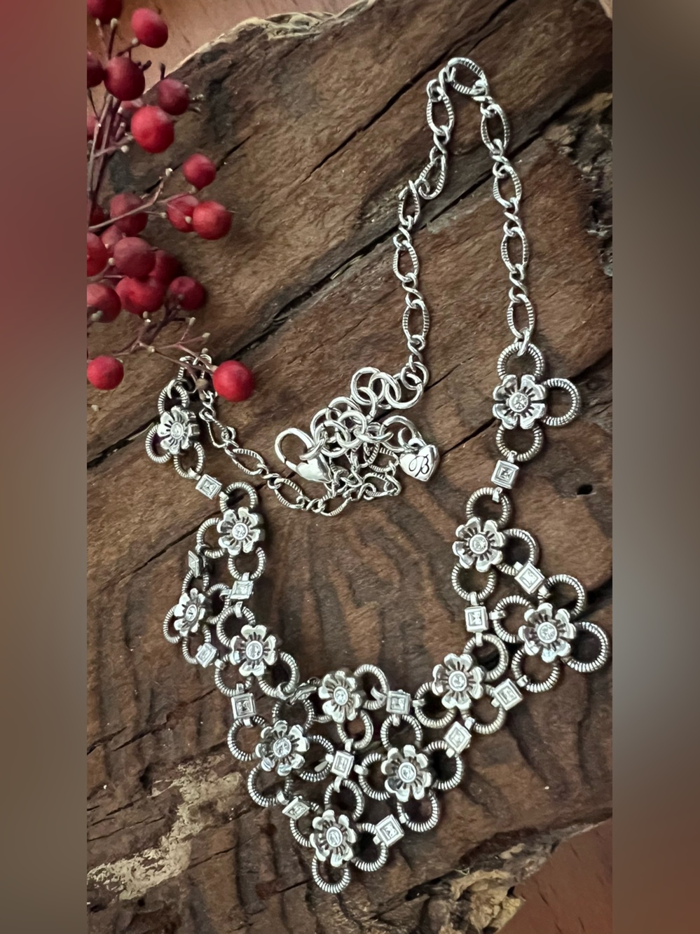 Brighton Necklace  Floral Poppies Statement Chain Crystal Fine Silver 999 plated